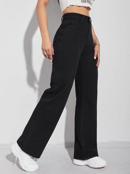 Highwaist Straight Fit Wide Leg Denim In Black