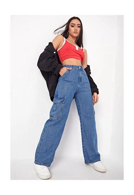 Highwaist Flap Pockets Cargo Style Denim In Dark Blue