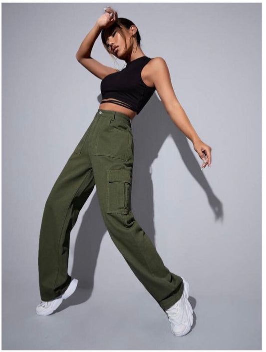 Highwaist Flap Pockets Cargo Style Denim In Green