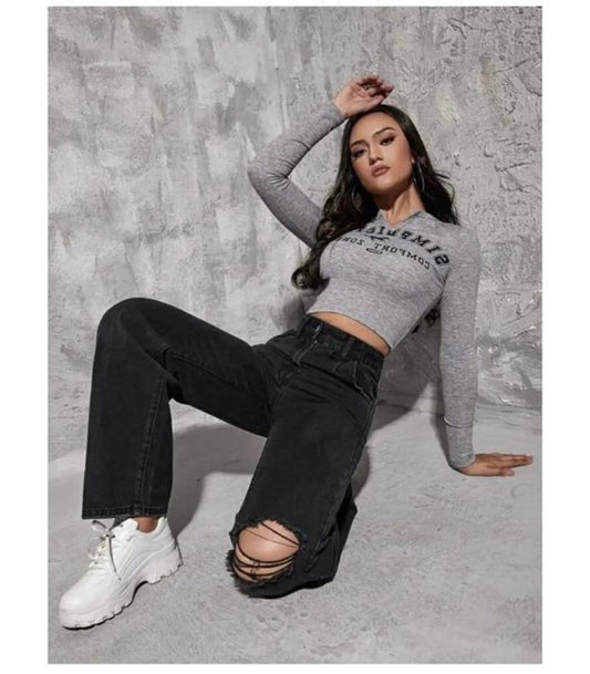 Highwaist Straight Fit Wide Leg One Knee Distressed Denim In Black