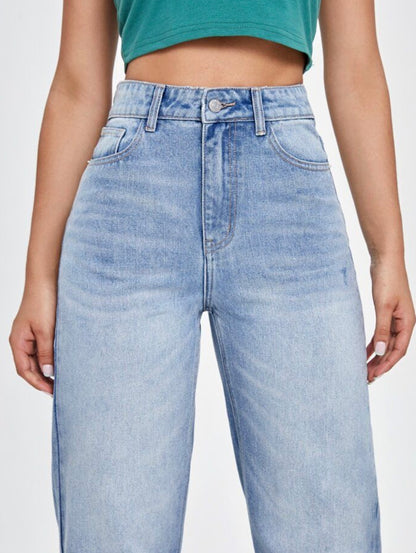 Highwaist Whiskers Straight Fit Wide Leg Denim In Light Blue