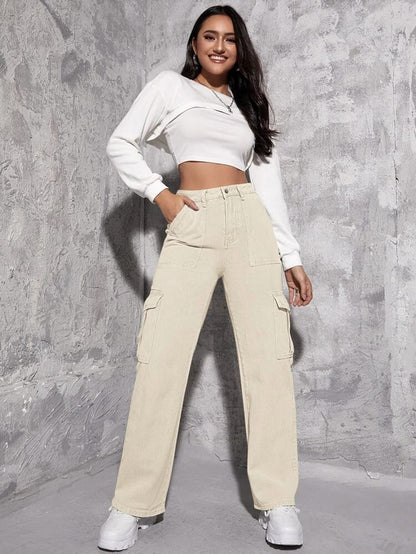 Highwaist Flap Pockets Cargo Style Denim In Cream