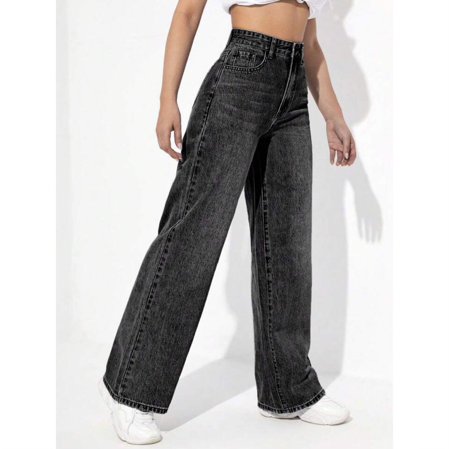 Highwaist Whisker Wide Leg Denim In Charcoal Grey
