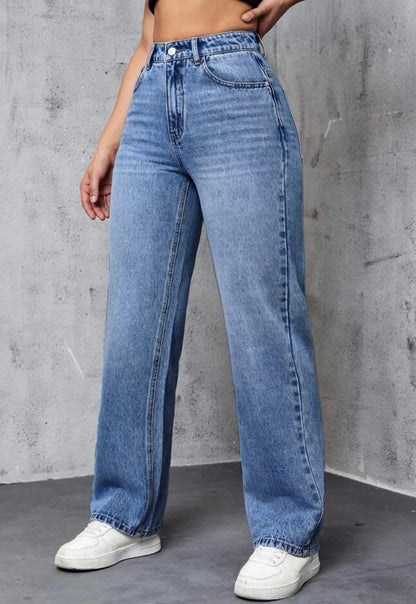 Highwaist Whiskers Straight Fit Wide Leg Denim In Mid Blue