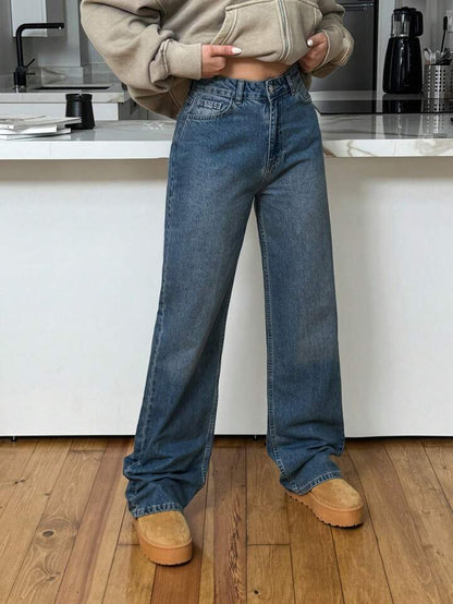 Highwaist Ball Blast Straight Fit Wide Leg Denim Dusty Blue
