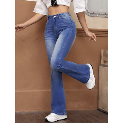 Highwaist Whisker Wash Bellbottom Flared Leg Denim In Medium Wash