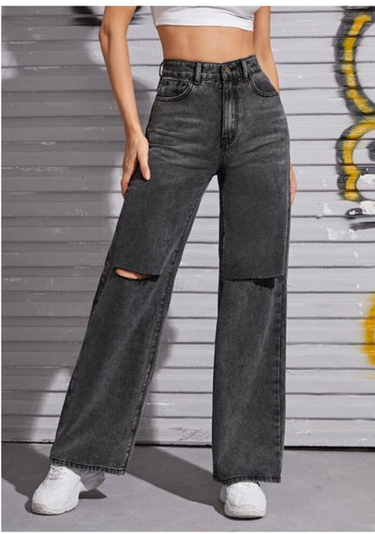 Highwaist Distressed Straight Fit Wide Leg Denim In Charcoal Grey