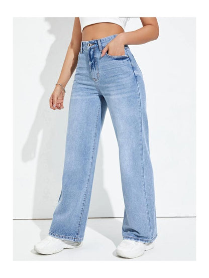 Highwaist Whisker Straight Fit Wide Leg Denim In Light Blue