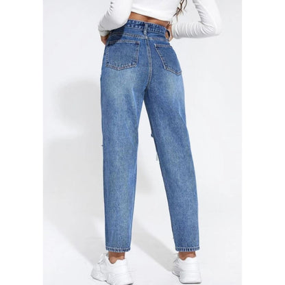 Highwaist Whiskers Mom Fit Distressed Denim In Stone Blue
