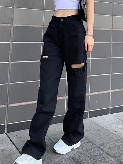 Highwaist Hollow Cut Out Wide Leg Denim In Black