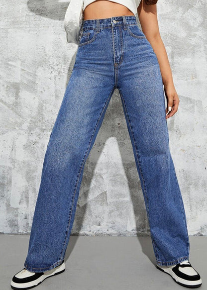 Highwaist Whiskers Straight Fit Wide Leg Denim In Dark Blue