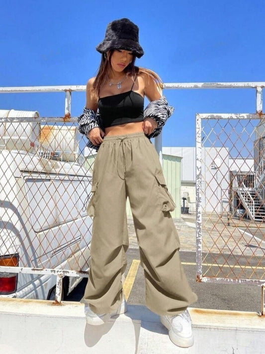Drawstring Parachute Pants - Beige