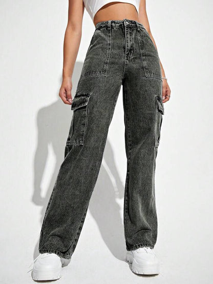 Highwaist Flap Pockets Cargo Style Denim In Charcoal Grey