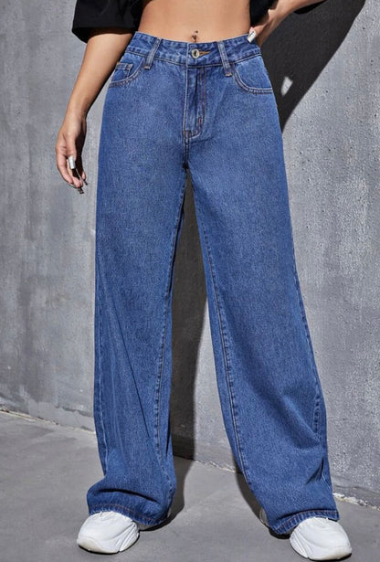 Highwaist Straight Fit Wide Leg Denim In Dark Blue