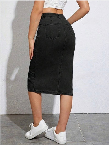Highwaist Front Slit Denim Skirt In Black