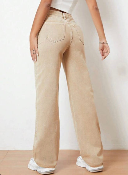 Highwaist Straight Fit Wide Leg Denim In Beige