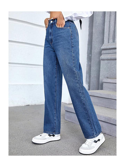 Highwaist Whisker Straight Fit Wide Leg Denim In Dark Blue