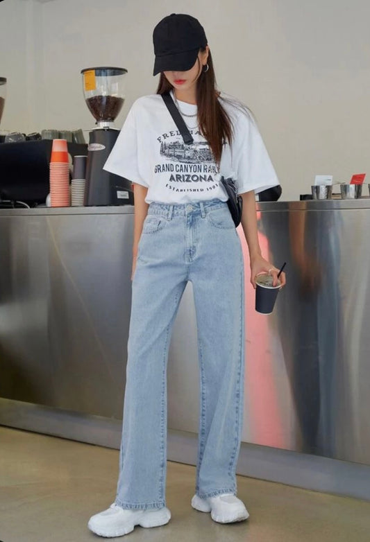 Highwaist Straight Fit Wide Leg Denim In Light Blue