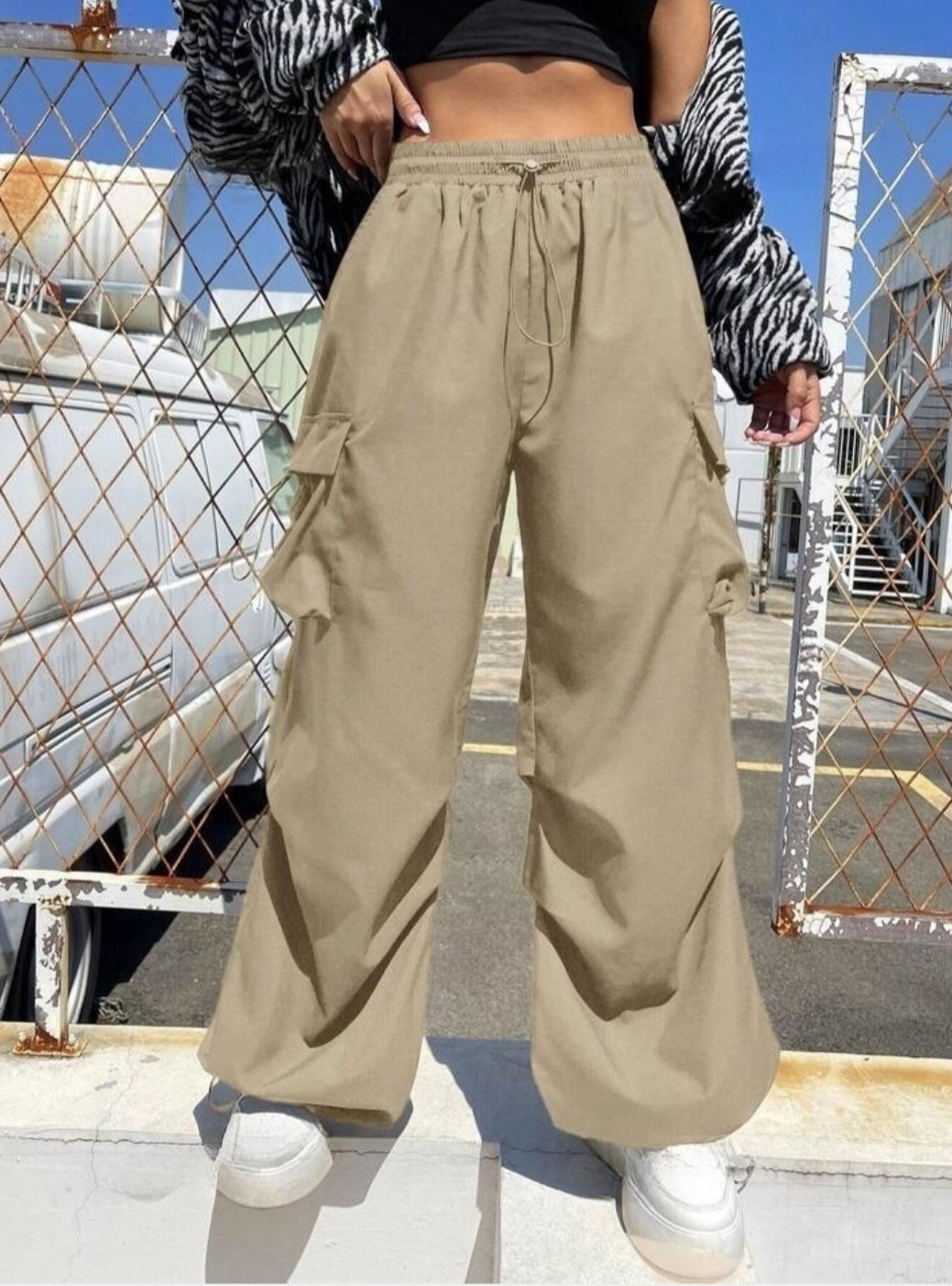 Drawstring Parachute Pants - Beige