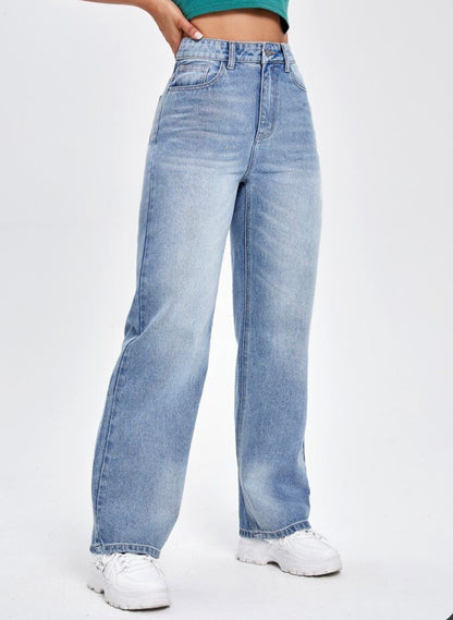 Highwaist Whiskers Straight Fit Wide Leg Denim In Light Blue