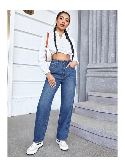 Highwaist Whisker Straight Fit Wide Leg Denim In Dark Blue