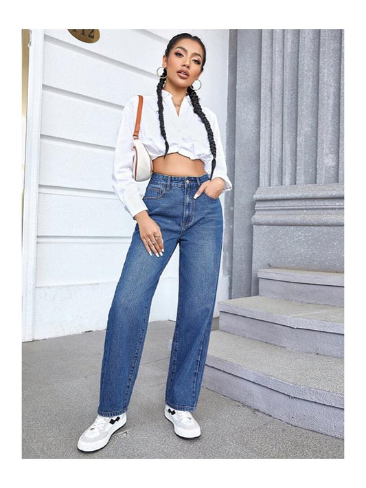 Highwaist Whisker Straight Fit Wide Leg Denim In Dark Blue