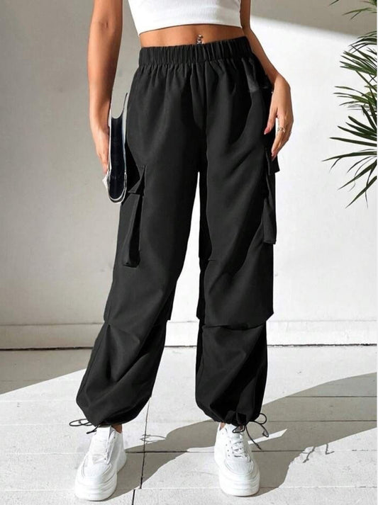 Drawstring Parachute Pants - Black