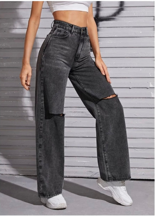 Highwaist Distressed Straight Fit Wide Leg Denim In Charcoal Grey