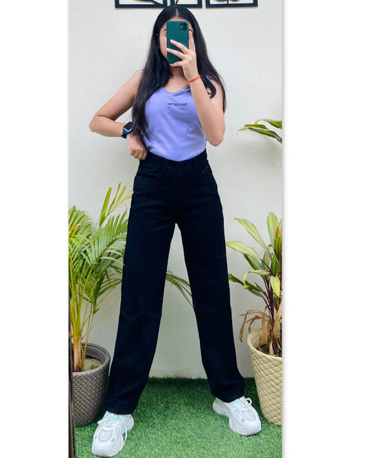 Highwaist Straight Fit Wide Leg Denim In Black