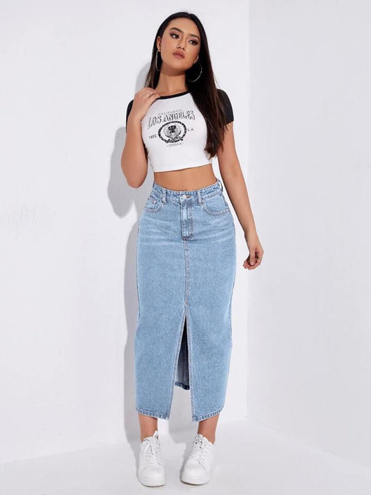 Highwaist Whisker Wash Long Skirt In Light Blue