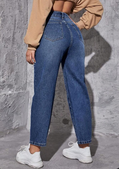 Highwaist Whiskers Mom Fit Denim In Dark Blue