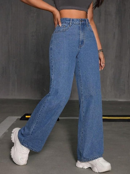 Highwaist Straight Fit Wide Leg Denim In Stone Blue