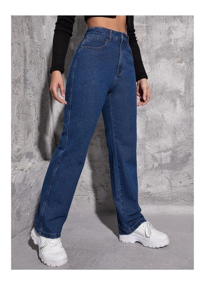 Highwaist Straight Fit Wide Leg Denim In Dark Blue