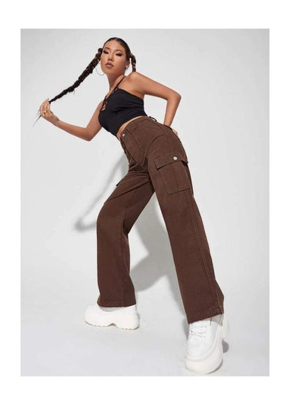 Highwaist Flap Pockets Cargo Style Denim In Dark Brown
