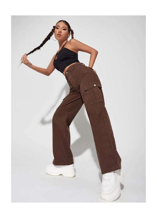 Highwaist Flap Pockets Cargo Style Denim In Dark Brown