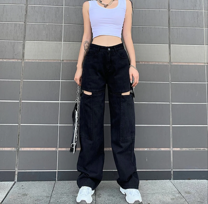 Highwaist Hollow Cut Out Wide Leg Denim In Black
