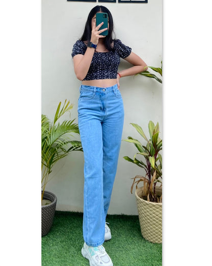 Highwaist Straight Fit Wide Leg Denim In Ice Blue