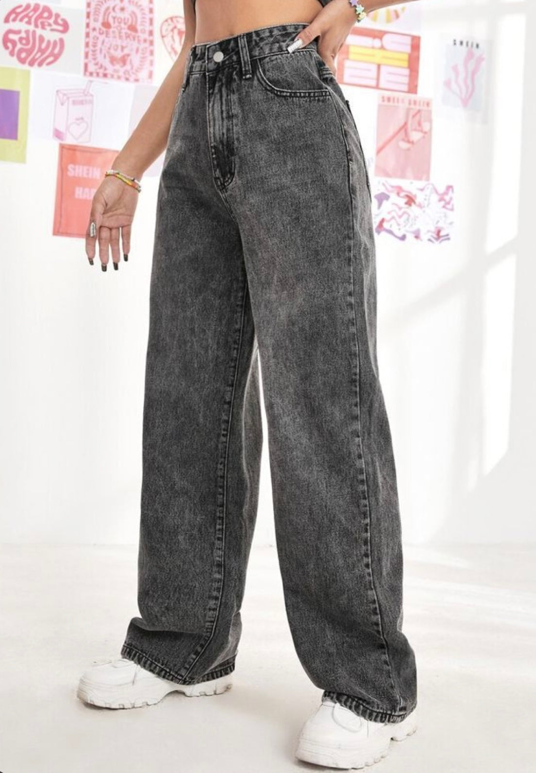 Highwaist Straight Fit Wide Leg Denim In Charcoal Grey