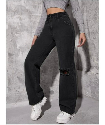 Highwaist Straight Fit Wide Leg One Knee Distressed Denim In Black
