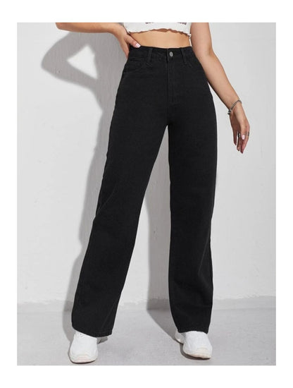 Highwaist Straight Fit Wide Leg Denim In Black
