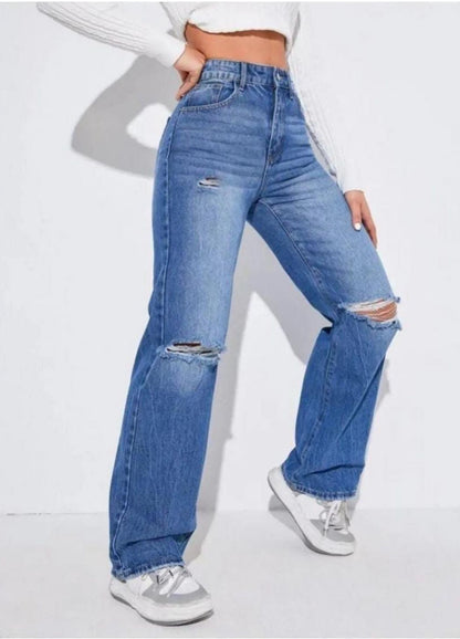 Highwaist Whiskers Distressed Straight Fit Wide Leg Denim In Stone Blue