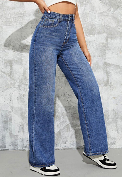Highwaist Whiskers Straight Fit Wide Leg Denim In Dark Blue