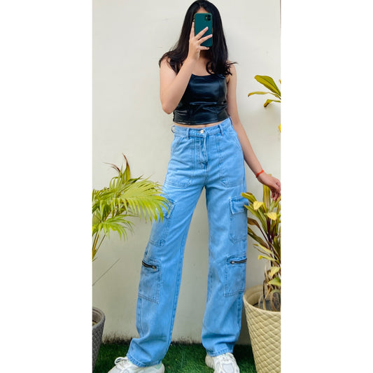 Highwaist Side Zipper Cargo Style Denim In Light Blue