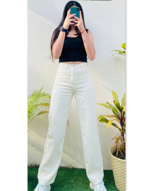 Highwaist Straight Fit Wide Leg Denim In Cream