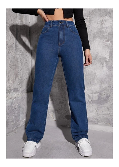Highwaist Straight Fit Wide Leg Denim In Dark Blue