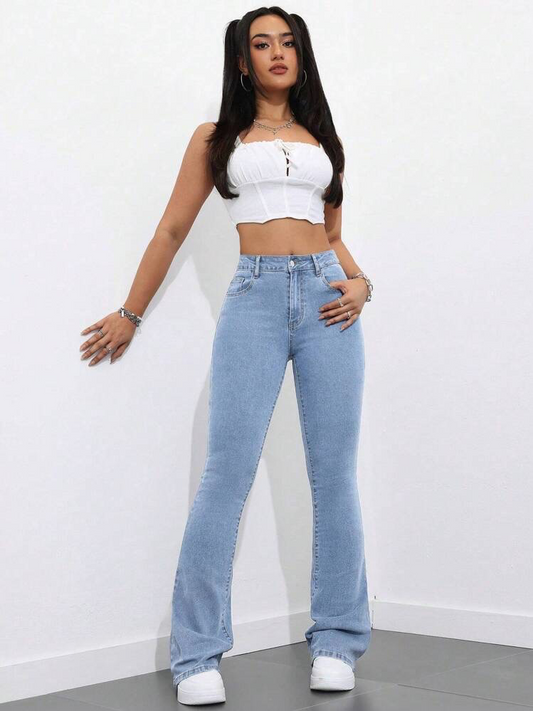 Highwaist Flared Leg Bellbottom Denim In Light Blue