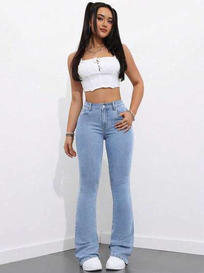 Highwaist Flared Leg Bellbottom Denim In Light Blue