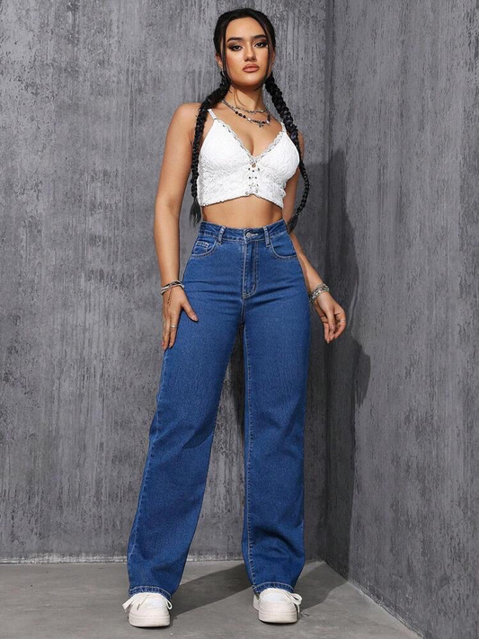 Highwaist Straight Fit Wide Leg Denim In Stone Blue