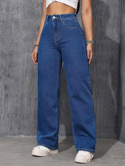 Highwaist Straight Fit Wide Leg Denim In Stone Blue