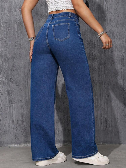 Highwaist Straight Fit Wide Leg Denim In Stone Blue